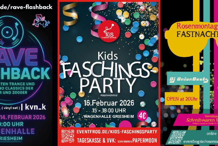 Zwei Veranstaltungsposter für Partys: eine Rave- und eine Kinder-Faschingsparty in der Wagenhalle Griesheim.