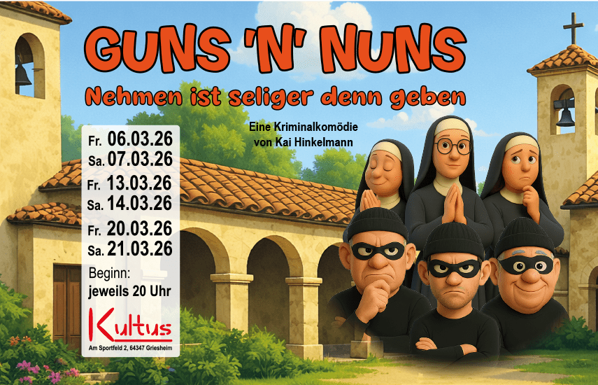 Plakat für das Kriminalstück „Guns 'n' Nuns“ mit zwei Nonnen und zwei maskierten Figuren vor einer Kirche.